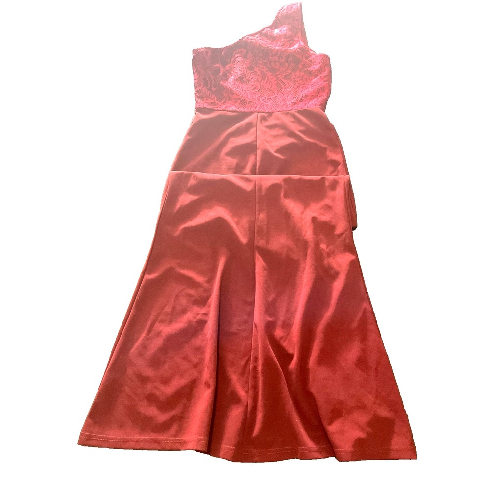 One Shoulder Burgundy Floral Pleated Waist High Side Slit Formal Dress - Picture 11 of 12